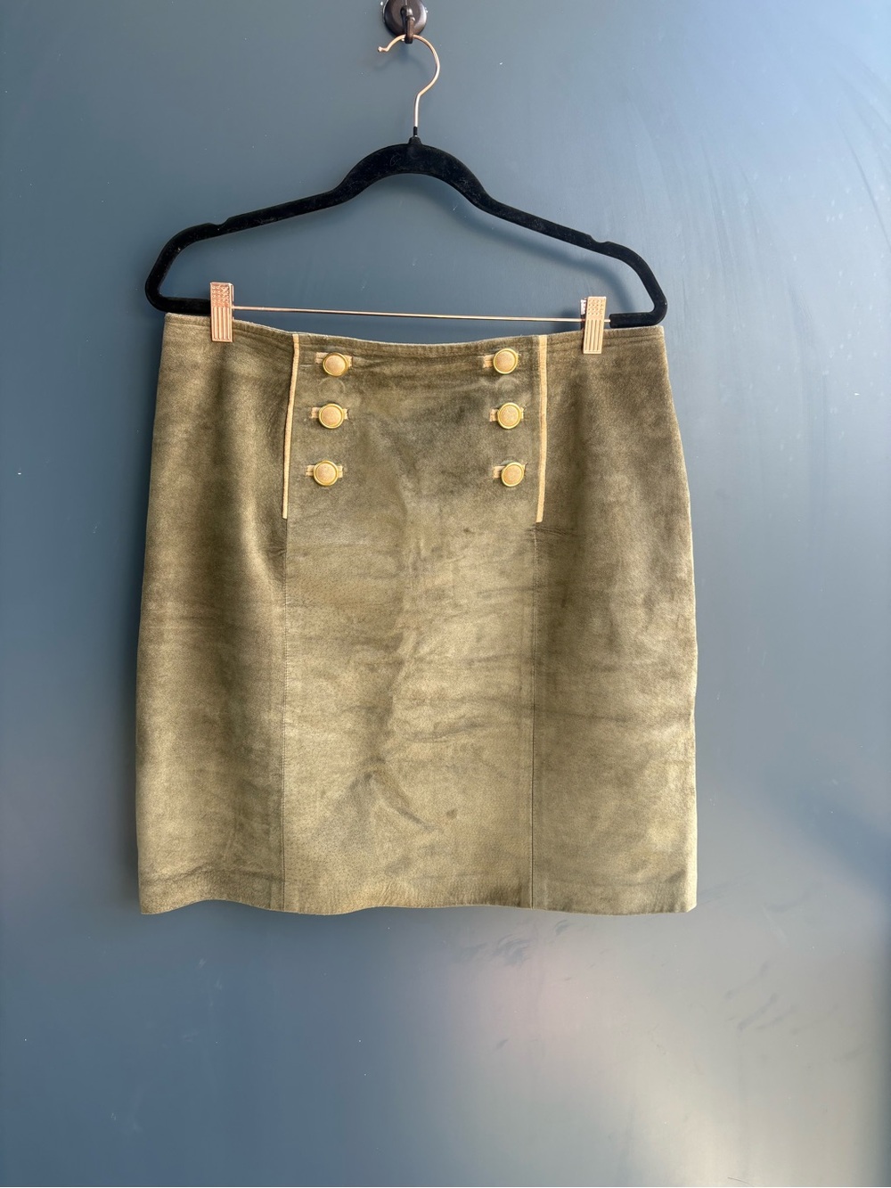 Vintage Danier Genuine Leather Double Button Skirt Olive Green